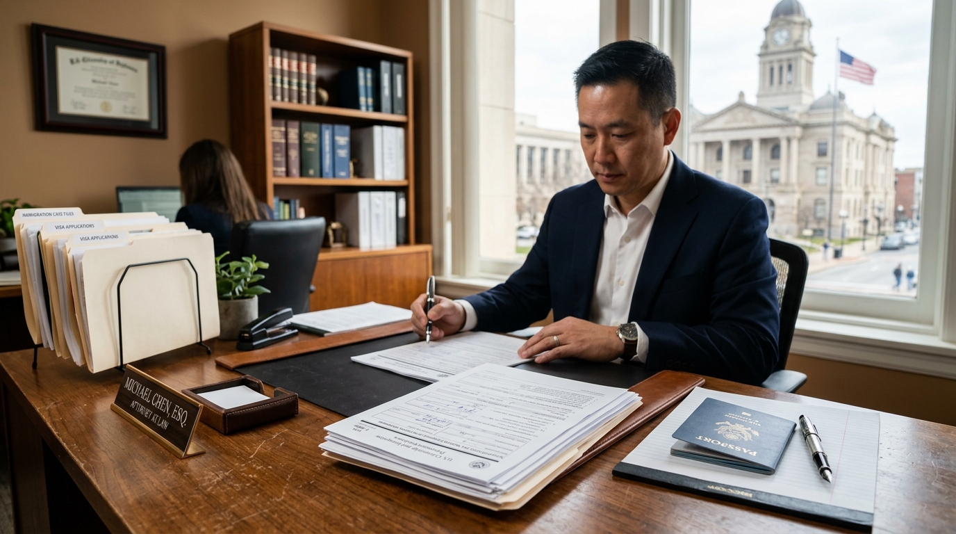 Adjustment of status green card application documents on immigration lawyer desk