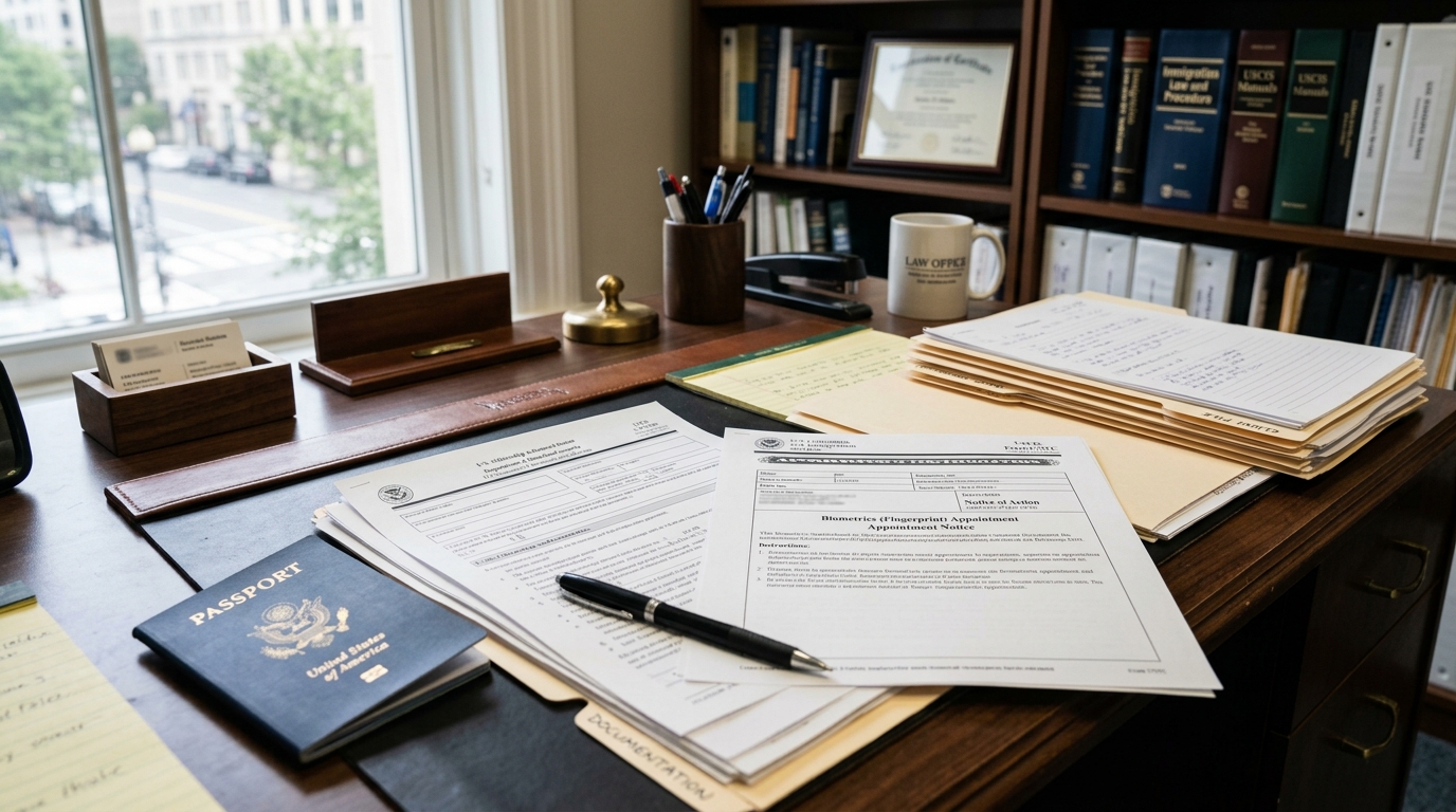 Alien registration documents and biometrics notice on immigration law office desk