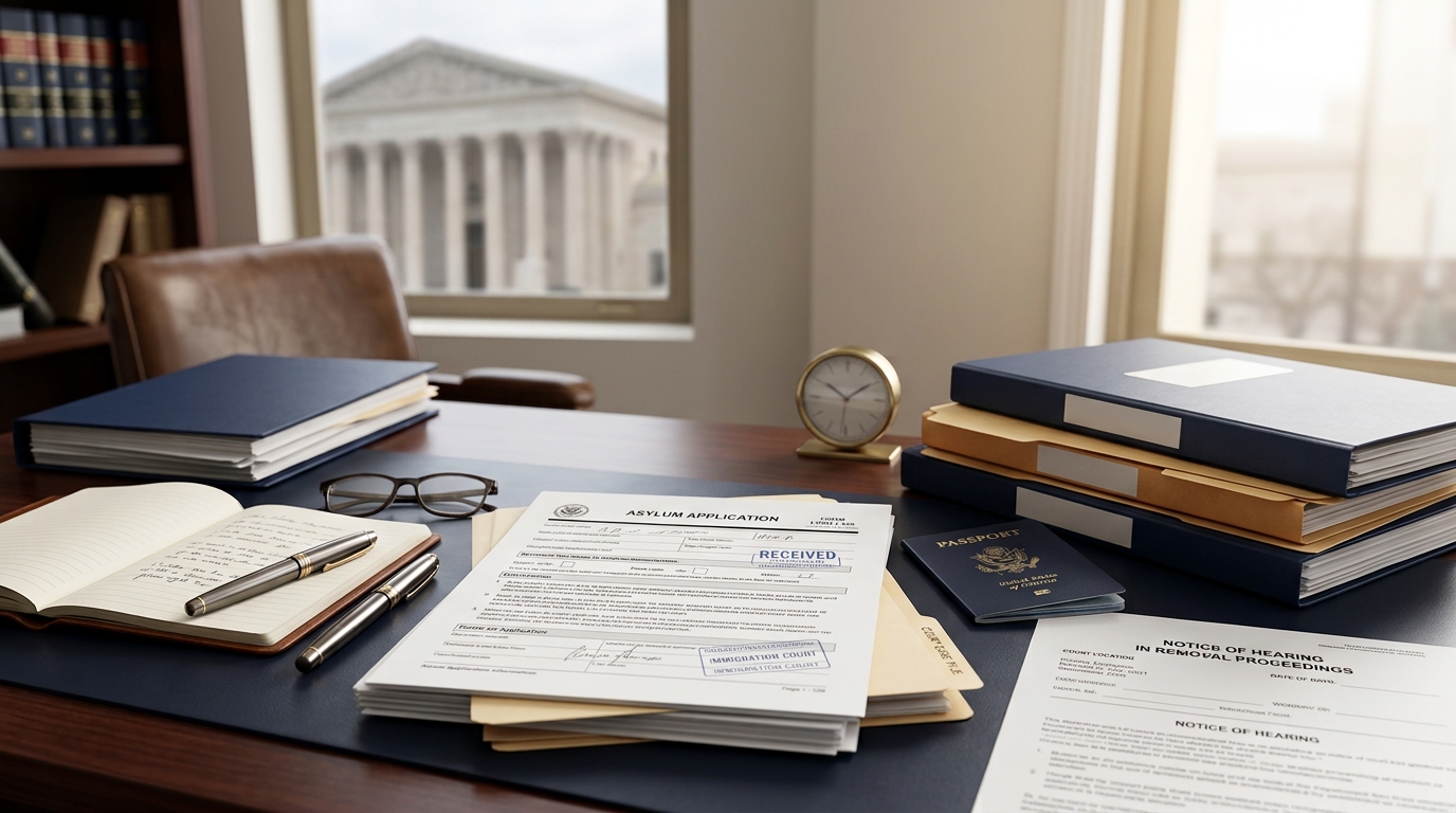 Asylum application and Immigration Court documents on law office desk