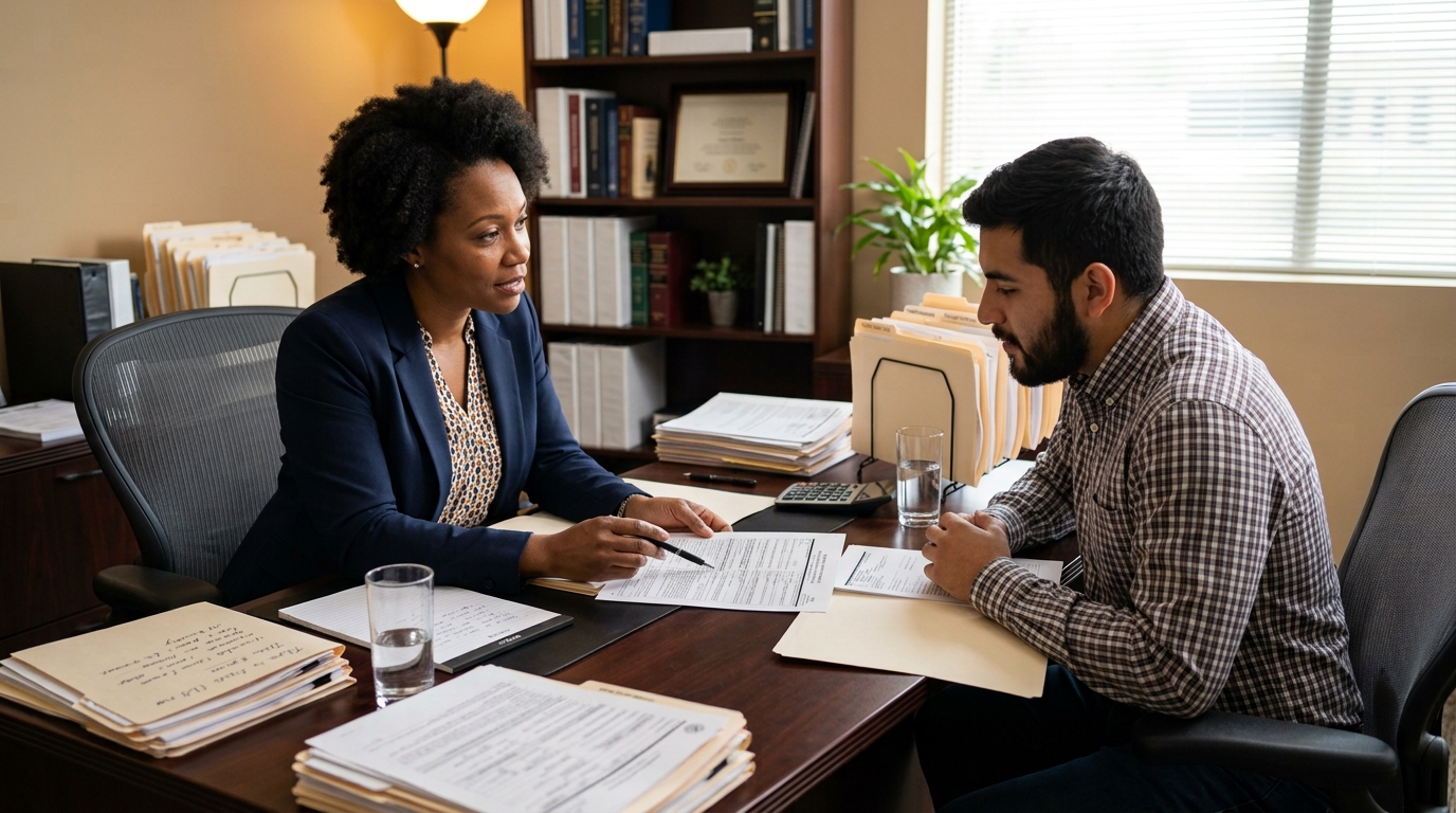Immigration attorney explaining alien registration paperwork to client