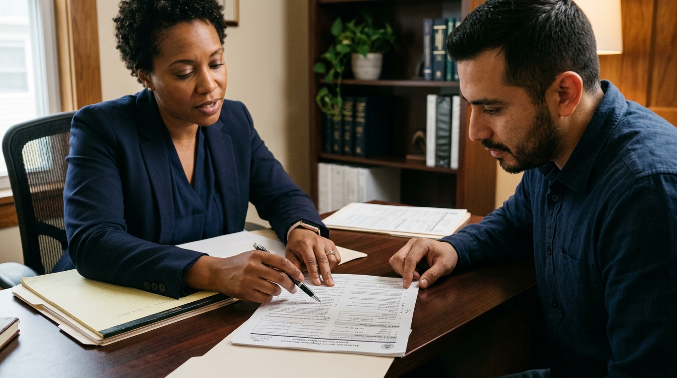 Immigration attorney reviewing adjustment of status paperwork with client