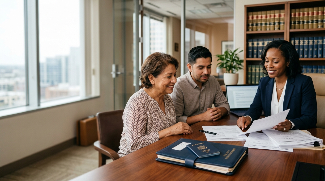Immigration attorney reviewing legal documents with client