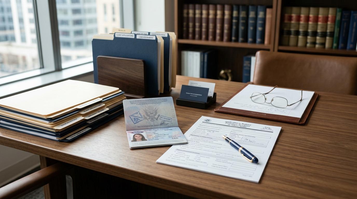Immigration law documents and case files in a professional office